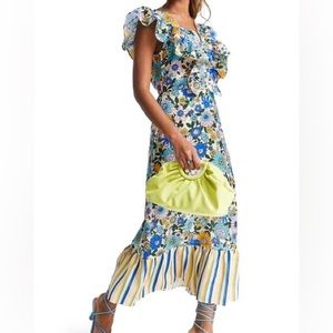 Topshop Stripe & Floral Print Ruffle Dress Sz 10